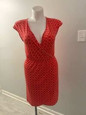 Banana Republic Coral & White Geometric Circle Print Wrap Midi Dress